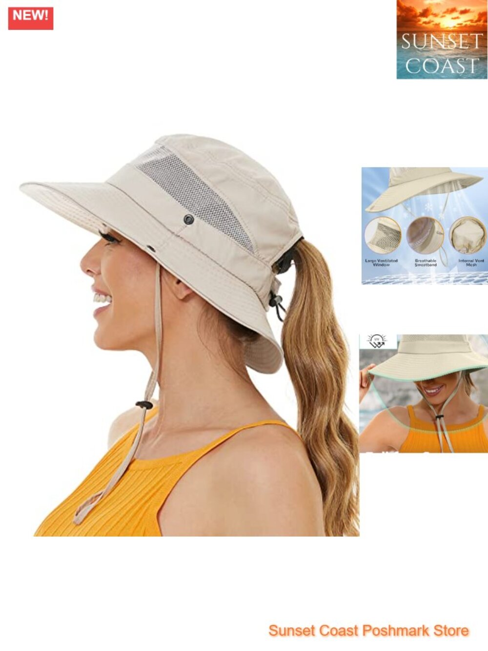 UPF 50+ Wide Brim Waterproof Sun Hat with Ponytail Hole for Women